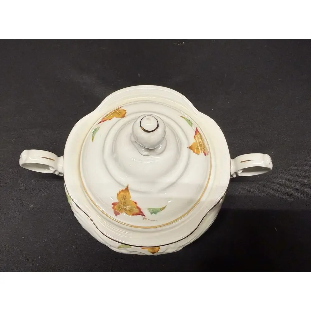 Vintage Walbrzych Sugar & Creamer Dish Set Autumn Leaves Gold Gilding Porcelain